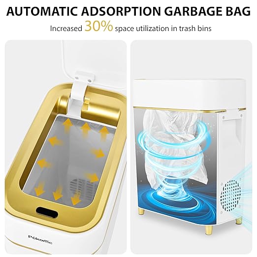 Pukomc 2.3 Gallon / 9L Automatic Adsorption Sensor Trash Can White Gold Motion Sensor Garbage Bin with Suction Slim Fashionable Design for Kitchen Bathroom Office &amp Small Space