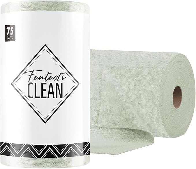 Fantasticlean Microfiber Cleaning Cloth Roll -75 pack Tear Away Microfiber Towels 12 x 12 Reusable Washable Scratch Free Ultra Absorbent Dishcloth for All-around Cleaning Supplies (Moss Green)