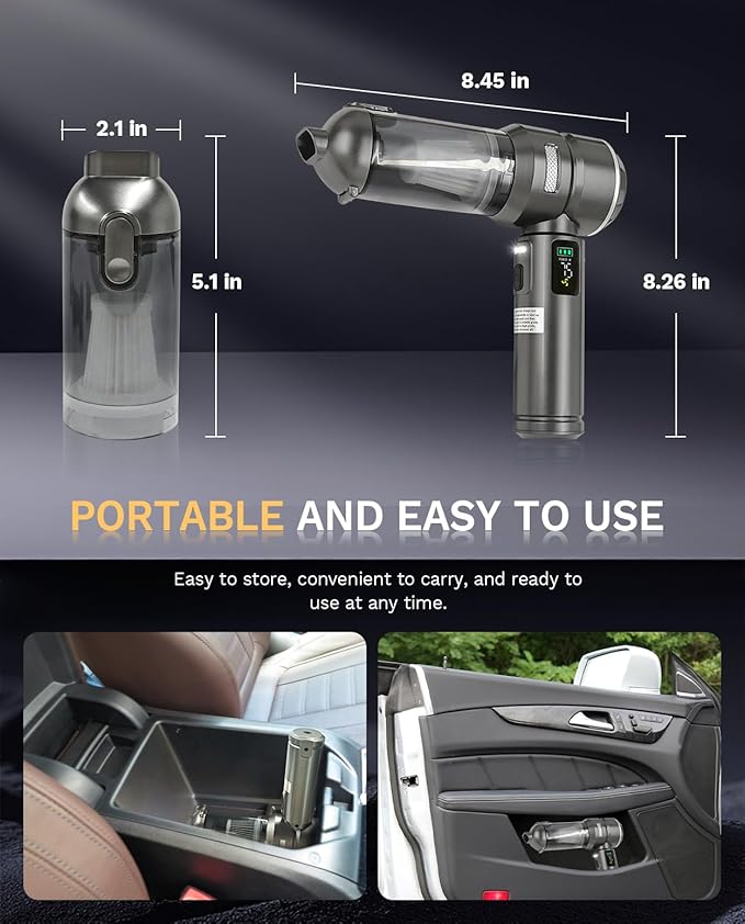 Baiwade Cordless Handheld Car Vacuum Cleaner 15000PA High Power 2-in-1 Mini Vacuum Duster &amp Inflator with LED Display Screen 3-Speed Brushless Motor for Car Care Home Office Pet