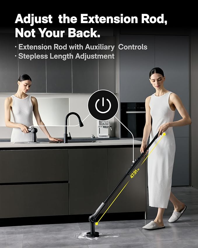 HOTO Flexi™ Cordless Electric Spin Scrubber Adjustable Angle Extendable Handle Smart Display IPX7 Waterproof Powerful Cleaning Scrubber with 8 Replaceable Brush Heads for Bathtub Bathroom Tile