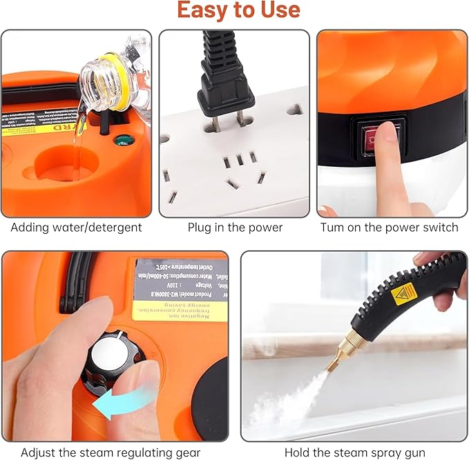 Steam Cleaner 2500W High Pressure Steam Cleaner for Home Steamer for Cleaning with 3 Brush Heads 2 washers and Extended Rod Handheld Steam Cleaner for Upholstery Kitchen Bathroom (Orange)