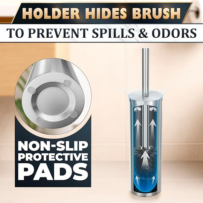 Stylish Stainless Steel Toilet Brush and Holder Set - Silver Toilet Bowl Brush and Holder with Splash Cover Sturdy Bristles Corrosion &amp Scratch Resistant - Elegant Design Effective Deep Cleanin