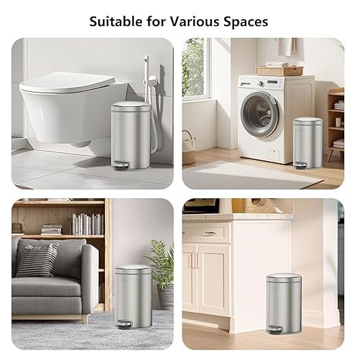 mVm Trash Can Set 8 Gallon(30L)+1.3 Gallon(5L) Kitchen Bathroom Trash Cans Combo Step Round Brushed Stainless Steel Garbage Can with Lid Anti-FingerprintSoft-Closefor Home Office(Silver)