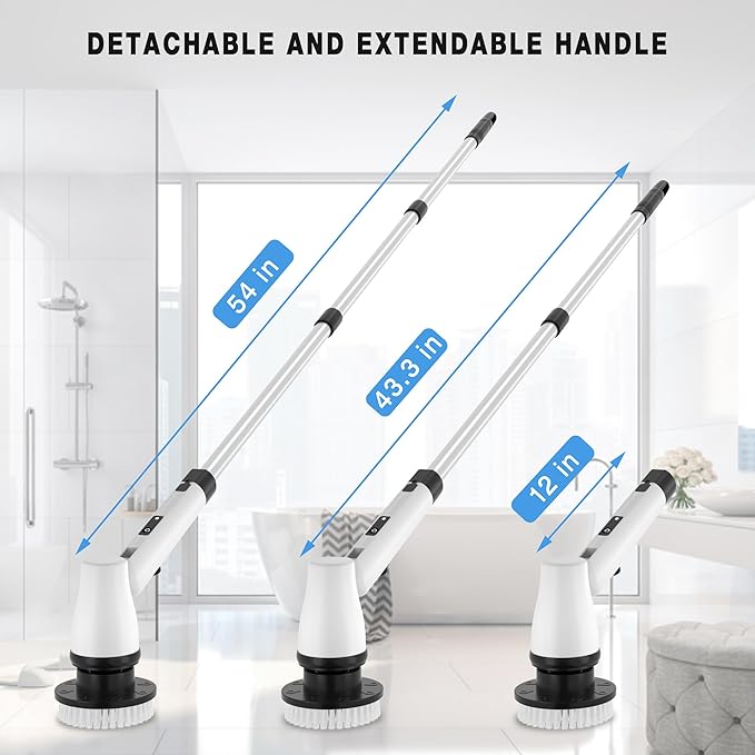 Electric Spin Scrubber Cordless Cleaning Brush with 7 Replaceable Brush Heads &amp Adjustable Extension Handle 2 Speed Power Shower Scrubber for Bathroom Tub Tile Floor (White)
