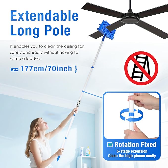 Ceiling Fan Cleaner Duster with 72 Extension Pole &amp 4 Reusable Pads High Ceiling Fan Blade Cleaning Tool Flexible Microfiber Duster for BaseboardBlindsCobwebsFloor -Lightweight &amp Washab
