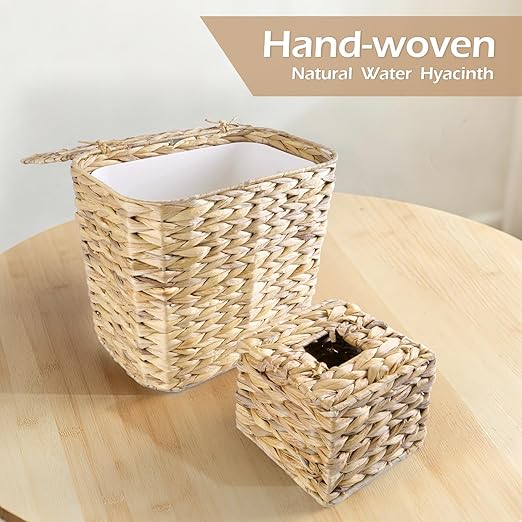 Wicker Trash Can and Handwoven Tissue Box Cover Set Rattan Waste Basket with Lid and Liner Boho Decorative Water Hyacinth Square Napkin Box Holder for Bathroom Bedroom Kitchen Living Room