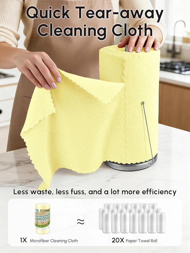 Microfiber Cleaning Cloths Roll 75 Pack Tear Away Microfiber Towels Roll 12 x 12 Lint Free Rags Reusable Cleaning Cloths Washable Scratch FreeUltra Absorbent Dish Rags(Yellow)