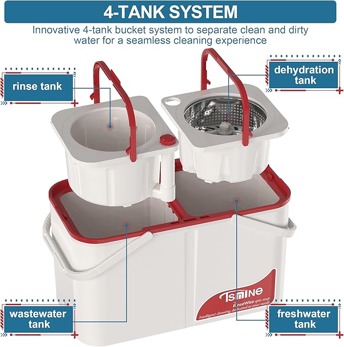 Gen 1 Large-Capacity Spin Mop and Bucket – for Big Homes &amp Deep Cleaning Days4-Chamber System Separates Dirty &amp Clean Water 2-GAL Heavy-Duty Design with Wheels &amp 6 Refill Mop Heads - Whi