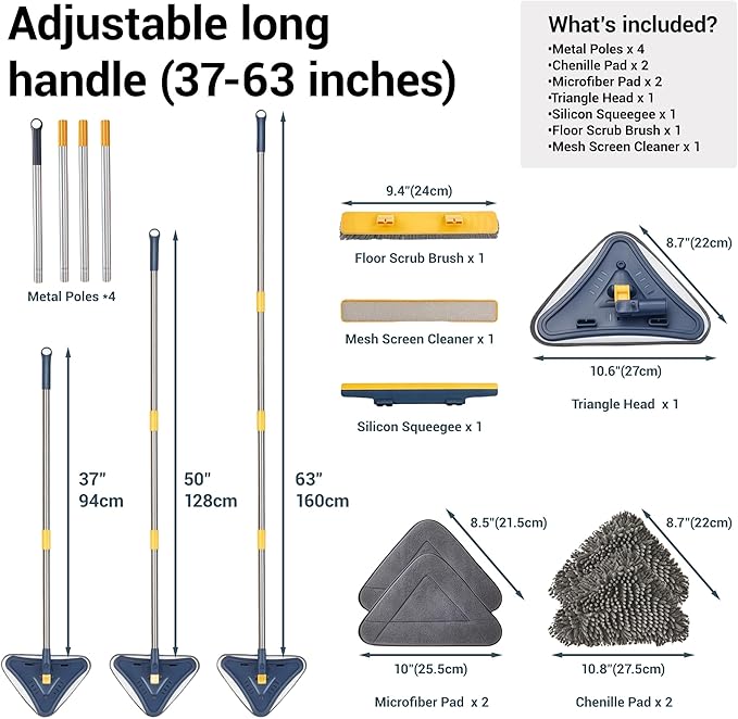 7-in-1 Wall Cleaner Triangle Mop Set with 7 Replaceable Heads and Adjustable Long Handle for Walls Floors Windows Ceilings Baseboards (Navy Blue)