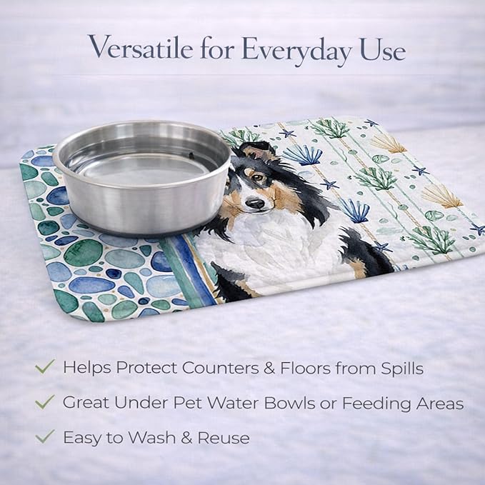 Caroline's Treasures Tricolor Sheltie Coastal Sea Glass Dish Drying Mat Absorbent Dish Drying Mat Pad for Kitchen Counter Dish Drainer Mat for Countertop 14 x 21 Multicolor