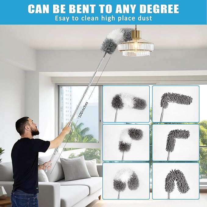 Microfiber Duster Kit 36pcs with 30 to 100 in Extension Pole and Ceiling Fan Cleaner Duster Washable and Bendable Feather Duster for Cleaning Ceiling Fans High Ceilings Blinds Grey