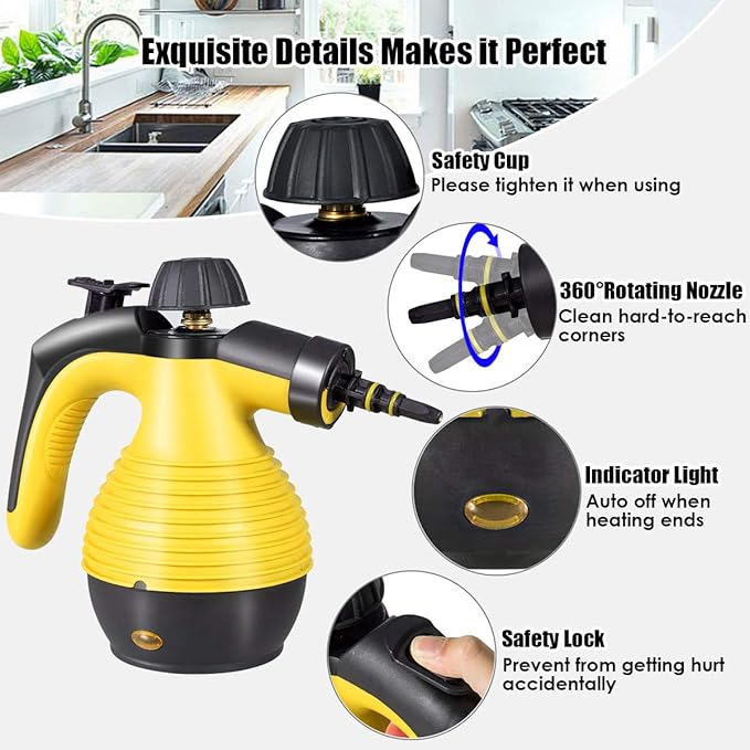 Goplus Handheld Pressurized Steam Cleaner with 9 Piece Accessories Multipurpose Steamer w/Safety Lock for Carpet Curtain Car Seat 1050W Portable Upholstery Steamer for Home Kitchen Bathroom(Yellow)