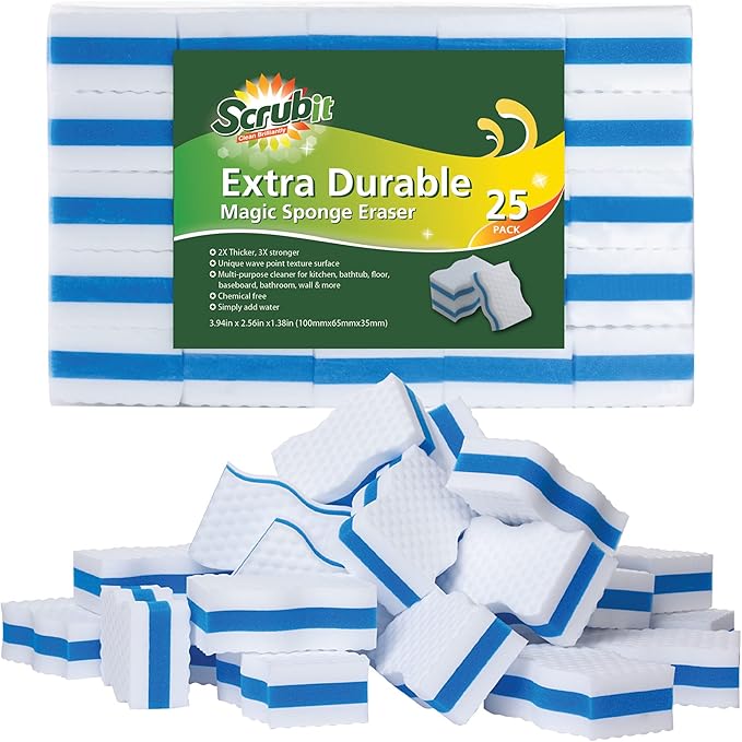 (25 Pack) Extra Durable Eraser Sponge by SCRUBIT - Kitchen Bathroom Floor &amp Wall Cleaner -Melamine Magic Cleaning Sponges - Extra Thick Erasers Best Cleaning Supplies for The Toughest Stains &a