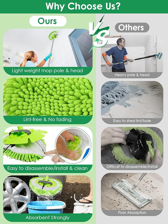 2 in 1 Lightweight Wall Cleaner Mop with Long Handle 75 190cm Ceiling Duster Lint-Free Chenille Fiber Mop for Kitchen Baseboard Floor Glass Window Roof Cleaning Washer Scrubber Brush Tool Wet Dry Use