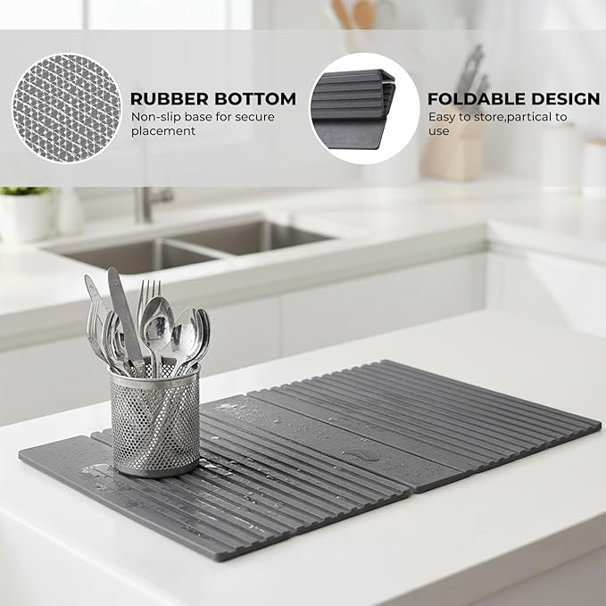 Stone Dish Drying Mat - Foldable Quick-Drying Diatomaceous Earth Anti-Slip Mat for Kitchen Counter Absorbent &amp Eco-Friendly Drying Mat Kitchen Counter