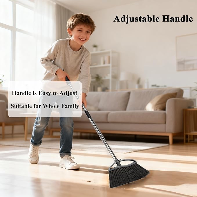 3 Pack Soft Bristle Angle Broom for Floors - Wide Indoor Heavy Duty Broom with 38-53.5 Adjustable Handle Kitchen &amp Restaurant Use for Hardwood Porch (Gray Yellow Green)