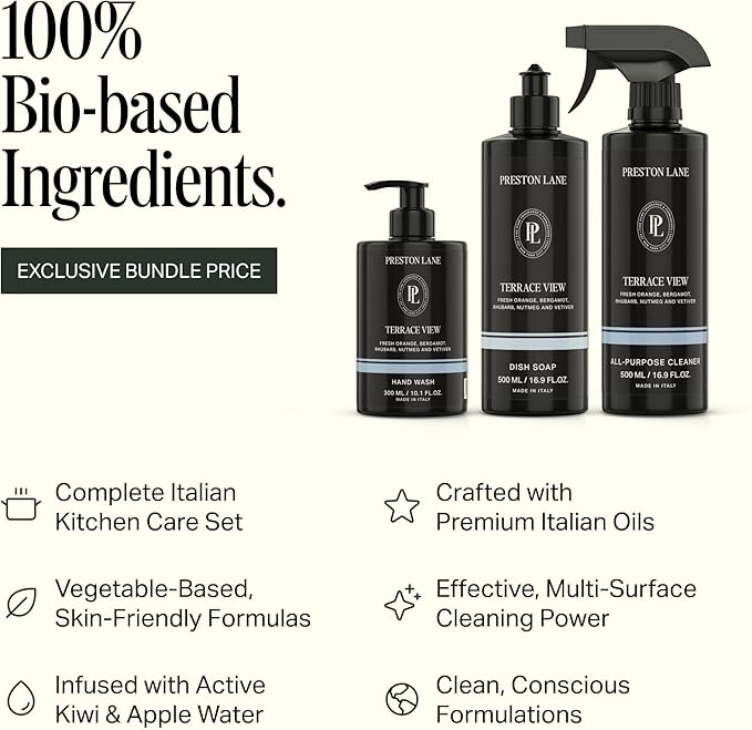 Preston Lane Luxury Kitchen Set – Hand Wash Dish Soap &amp All-Purpose Cleaner | Plant-Powered Cleaning Essentials Bundle with Fine Italian Fragrance Terrace View Scent