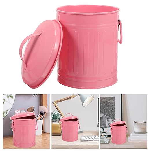 Metal Trash Can with Lid Small Desktop Garbage Bin Retro Pink Iron Table Wastebasket for Office and Bedroom Organization