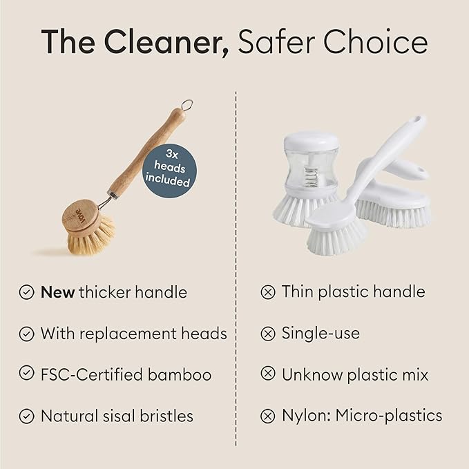 Vove Bamboo Dish Brush FSC-Certified - Includes 3 Replacement Heads - Natural Fiber Bristles - Non-Toxic Plastic-Free - Scrub Brush for Pots Pans &amp Dishes