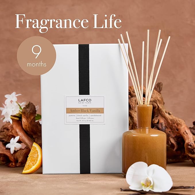 LAFCO New York Signature Reed Diffuser Amber Black Vanilla - 15 oz - Up to 9 Months Fragrance Life - Reusable Hand Blown Glass Vessel - Natural Wood Reeds - Made in The USA
