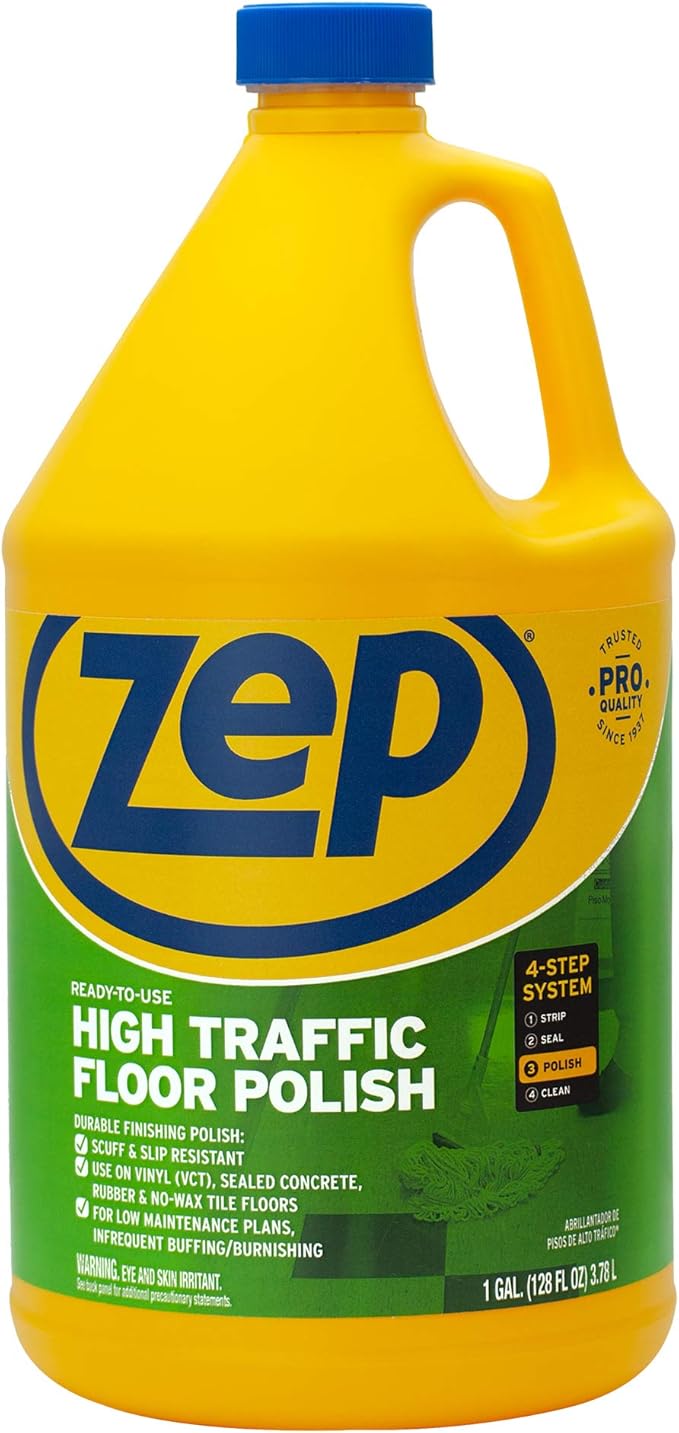 Zep Commercial High-Traffic Floor Polish 4-1 Gallon Bottles Professional Grade Floor Finish For a Range Of Hard Floor Surfaces (ZUHTFF128)