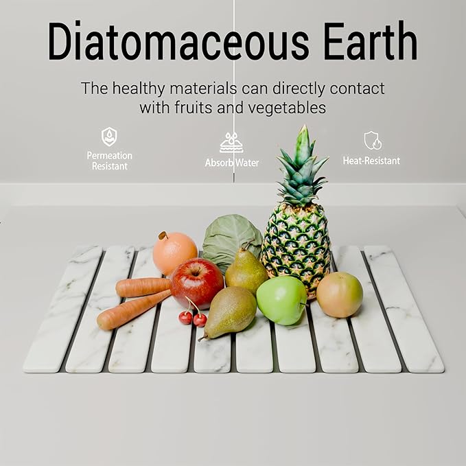 HavenMat – Large Stone Dish Drying Mat (24”x16”) with Bamboo Rack &amp Brush | Quick-Dry Diatomite Counter Mat for Dishes Glassware Plants &amp Pets | Grey Kitchen Drying Stone (Marble)