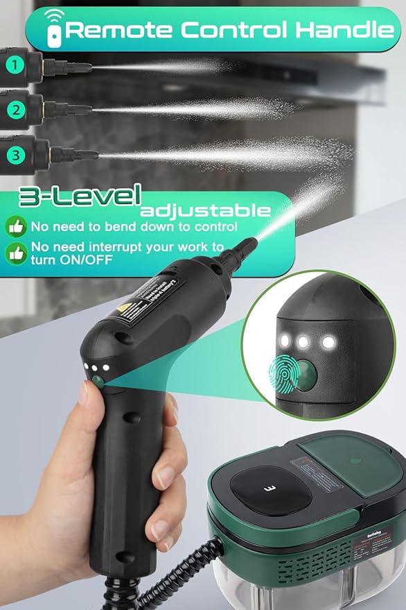 Handheld Steam Cleaner with Handle Control 1.6L Large Water Tank 3-Level Adjustable Thickened Hose Portable Steam Cleaner High Temperature Pressurized Steamer for Home Kitchen Car (Dark Green)