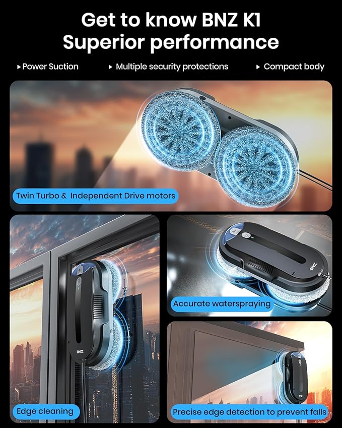 BNZ Smart Window Cleaning Robot Twin Turbo &amp Dual Auto-Spray Window Cleaner with Multiple Safety System AI Path Planning Frameless Edge Detection K1 (Matt Black)