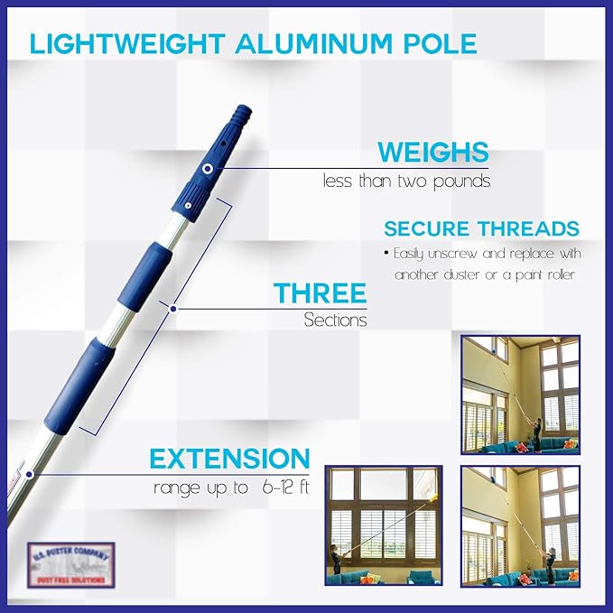 Cobweb Duster Extendable Reach 20 feet Ceiling Fan Duster | 3-Stage Aluminum Telescoping Pole | Medium Stiff Bristles | Long Handle Webster Duster for Cleaning | U.S Duster Co.