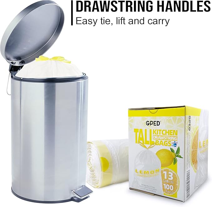 8NET 13 Gallon Kitchen Drawstring Trash liners Bags | 0.8 Mil | 24 x 27 - 100 Count Per Box (Box of 2) | Kitchen Home Office Bedroom Garbage Bags | Lemon Fresh Scent | White