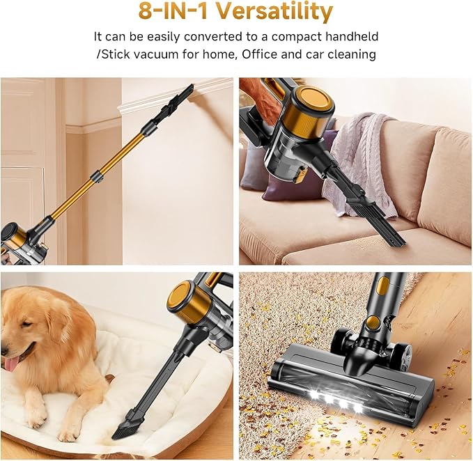 Cordless Vacuum Cleaner 8 in 1 40Kpa 55MinsLightweight Vacuum Cleaners for Home Stick Vacuum with Anti-Tangle BrushWall Mount Rechargeable Cordless Vacuum for Floor/Sofa/Pet HairGolden