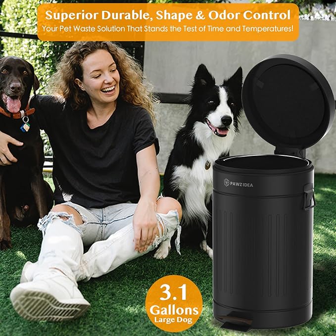 PAWZIDEA Dog Poop Trash Can Outside Odor Control 3.1 Gallon Outdoor Trash Can with Lid Waterproof Pet Waste Disposal Container Small Poop Bin Step Garbage Can 7.8in Activated Carbon Filter Black