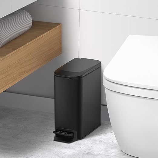 TIPGO Slim Bathroom Trash Can with Lid Soft Close Step Pedal 6 Liter / 1.6 Gallon Stainless Steel Trash Bin Small Garbage Cans for Bedroom Office Kitchen (Matte Black)