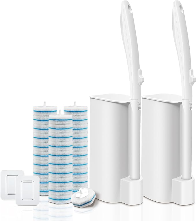 Disposable Toilet Brush with 30 Brush Heads 3-in-1 Toilet Cleaning System Set-2 Ergonomic Toliet Wand 2 Compact Holder 30 Pre-Filled Cleaning Solution Refills for Deep Scrub Toilet. 2 Pack.