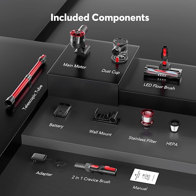 Cordless Vacuum Cleaner Rechargeable with 2600mAh Detachable Battery Powerful Vacuums with 2 Adjustable Modes Lightweight Portable Stick Vacuum for Home (Afterglow Red)
