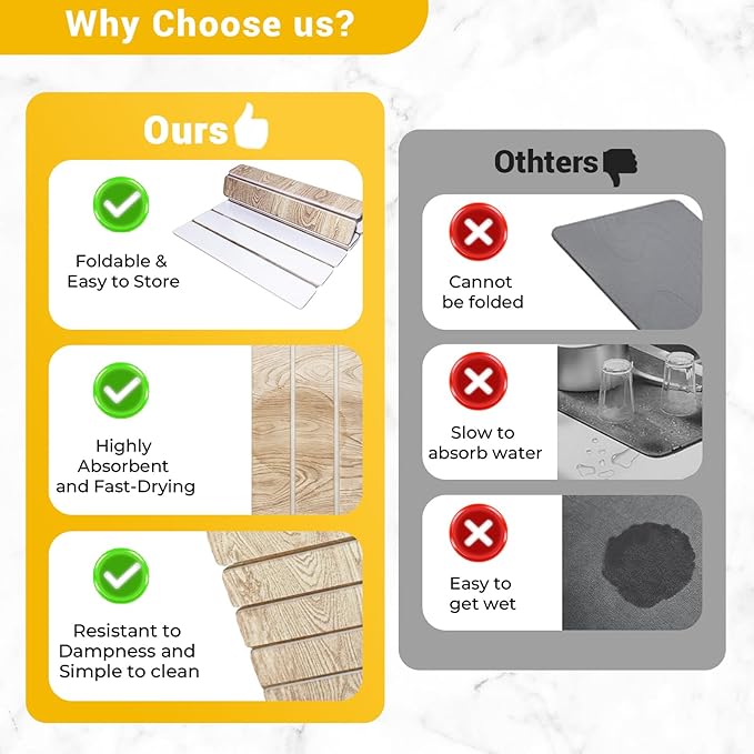 Dish Drying Mats Large 24x16 Inch Diatomaceous Earth Drying Mat / Fast-AbsorbingNon-Slip Stone Drying Mat For Kitchen Counter / Eco-Friendly for Dishes(Dark wood grain)
