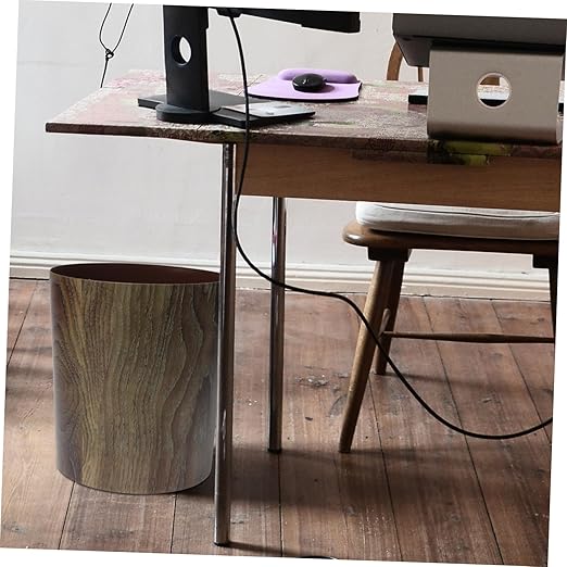 Vintage Imitation Wood Grain Wastebasket Large Capacity Round Trash Can for Kitchen Bathroom Living Space Saving Home Garbage Container with Stylish Rustic Design