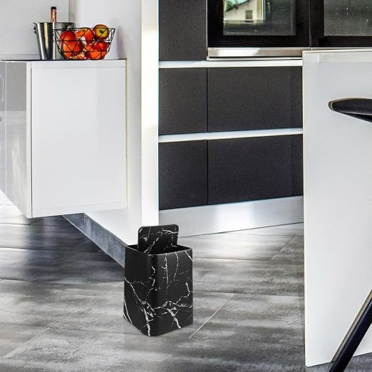 Marble Pattern Wastebasket with Lid Medium Size Square Trash Can Black Marble Texture Double Layer Garbage Bin for Home Bathroom Kitchen Office Use