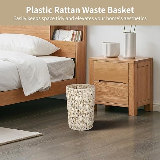 2 Pcs Wicker Trash Cans11 in Boho Trash Cans Handwoven Plastic Rattan Trash Can Waste Baskets with Wide Opening Waterproof Waste Bin with Sturdy Metal Frame for Bathroom Bedroom Office Home