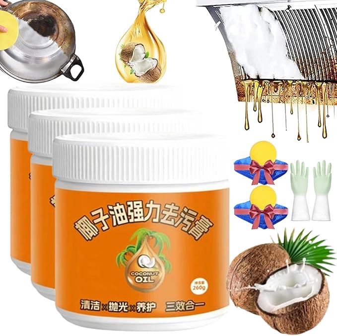 RJDJ Multi-Purpose Coconut Oil Cleaning &amp Polishing Paste Stainless Steel Cookware Cleaner Natural Coconut Oil Cleaning Paste Powerful Kitchen All-Purpose Cleaner for Oven Pot and Stove (3pcs)