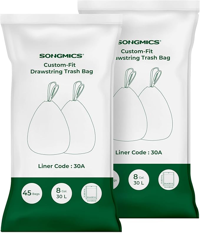 SONGMICS Trash Bags for 8-Gallon (30 L) Trash Cans Drawstring Kitchen Garbage Bags Pre-Separated Liner Code 30A 2 Rolls 90 Count White UKRB30A02