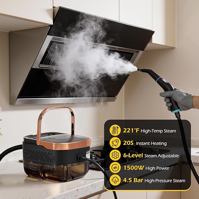 Dyna-Living 2500 Steam Cleaner with 1000ml Tank &amp 1500W Engine Steam Cleaner with 42.2 oz Tank Portable Steamer for Car Detailing Home Floor Carpets Tile