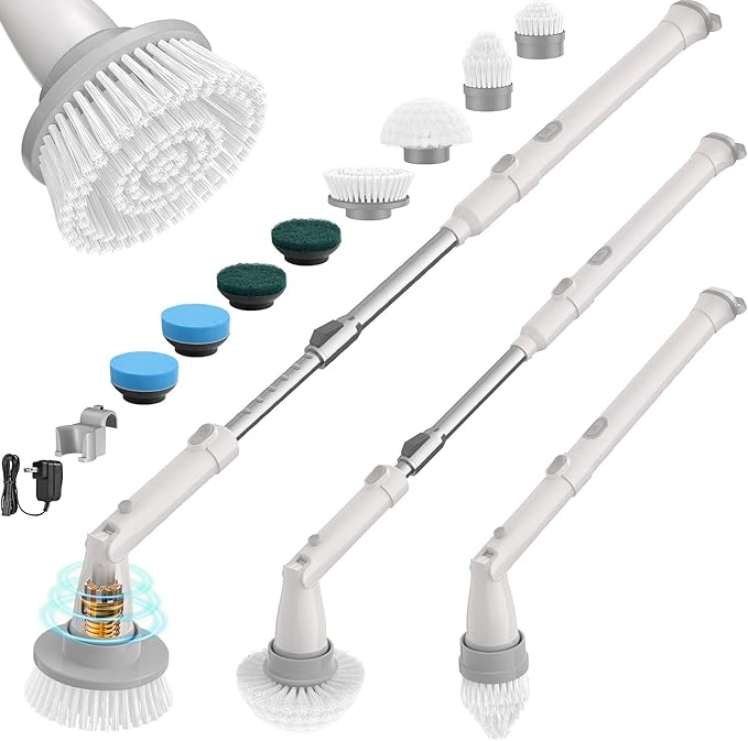 Sweepulire Electric Spin Scrubber SW1 Shower Scrubber with Long Handle 2 Spin Speeds Electric Bathroom Scrubber with 8 Replacement Heads Bath Tub Cleaner Brush for Floor Tub Shower Tile
