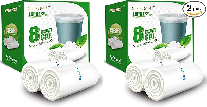 FORID Clear Trash Bags 8 Gallon Garbage Bags Wastebasket Bin Liners 110 Count Plastic Trash Bags for Bathroom Bedroom Office Garbage Can 30 Liters - Durable &amp Thick Trash Bag - Medium (Pack of 2