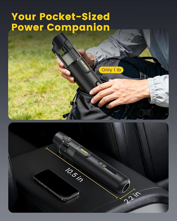 Mr.ego Car Vacuum Portable Cordless 20000Pa Mini Vacuum Cleaner &amp Air Duster 100000 RPM Brushless Motor Handheld Vacuum with LED Light and Multi-Nozzles for Car Home Office Pet (Black)