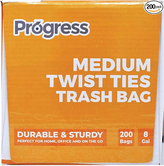 Progress Trash Bags – 8 Gallon Twist Tie Portable Garbage Bags Can Liners for Kitchen Bedroom Bathroom Office Car | Waste Disposal Supplies (200 Count)