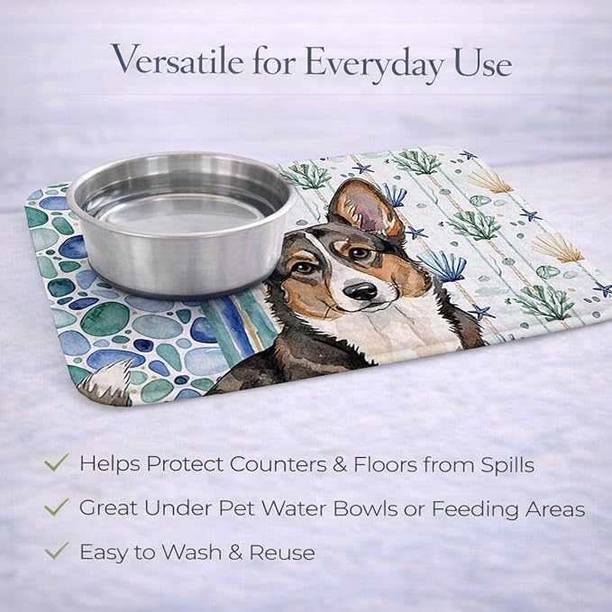 Caroline's Treasures Brindle Cardigan Welsh Corgi Coastal Sea Glass Dish Drying Mat Absorbent Dish Drying Mat Pad for Kitchen Counter Dish Drainer Mat for Countertop 14 x 21 Multicolor