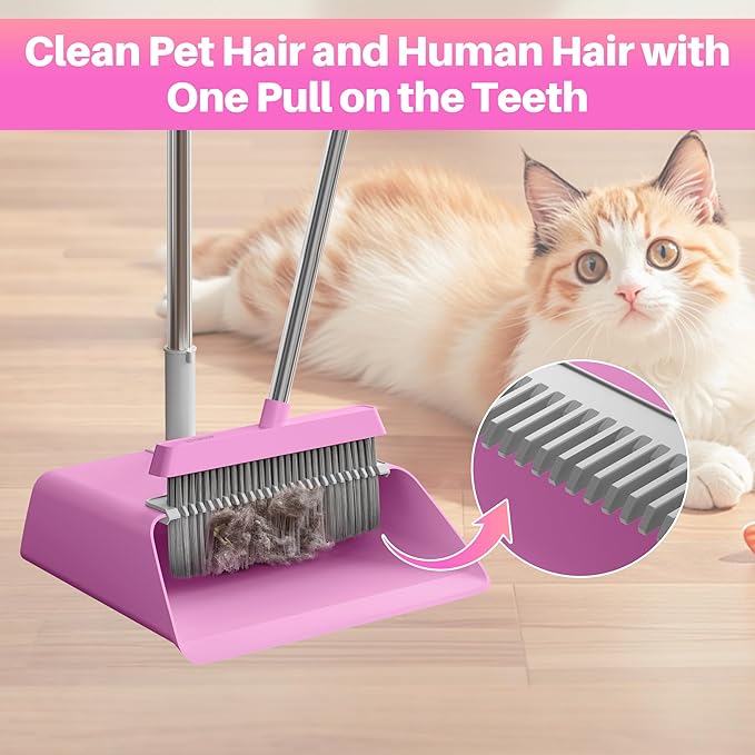 JOYMOOP Pink Broom and Dustpan Set with 56” Handle Upright Angle with Built-in Comb Teeth for Hardwood Floors and Pet Hair