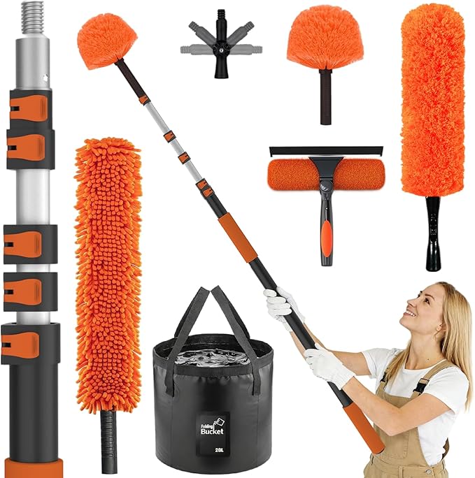 30FT High Reach Duster Cleaning Kit with Extension Pole High Ceiling Fan Cleaner Duster Tool for Fan Blades Window Washing Kit with Microfiber Feather Duster &amp Window Squeegee &amp Bucket