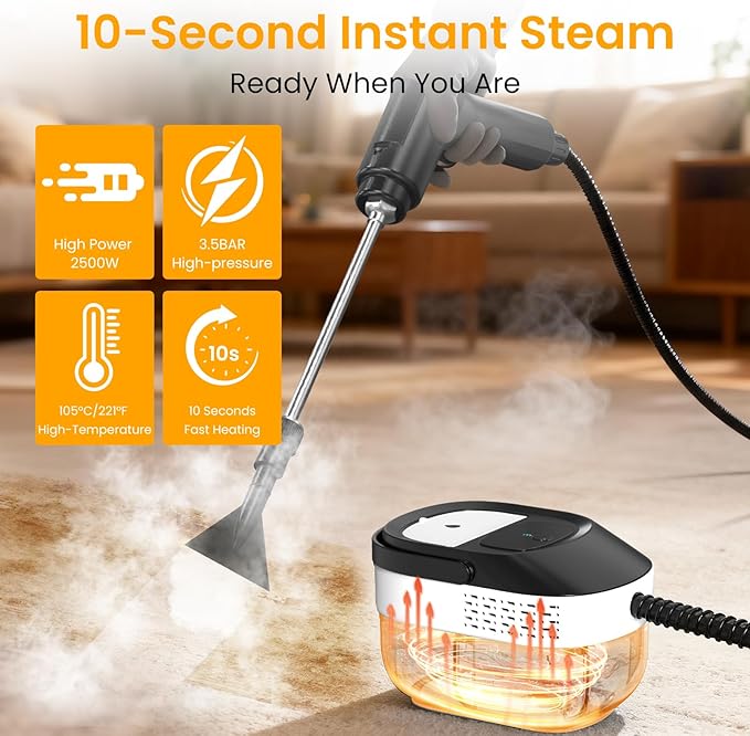 Pressurized Steam Cleaner 1.6L 3-Level Adjustable Steamer for Cleaning 10s Heat-Up 2500W Handheld Steamer Cleaner for Home Car Kitchen Floor Multi-Surface Cleaning Machine 22pcs Accessories
